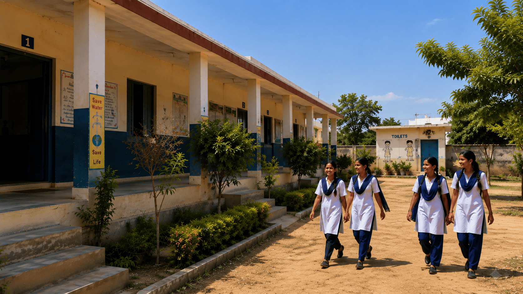 A government school in Telangana: a classroom block with a covered veranda, and a separate toilets block across the yard.